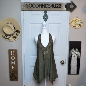 Cache Green Tank Hankie Blouse Art To Wear Boho Hippie Top Medium Flowy